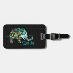 Colourful Retro Floral Elephant Black Damasks Luggage Tag