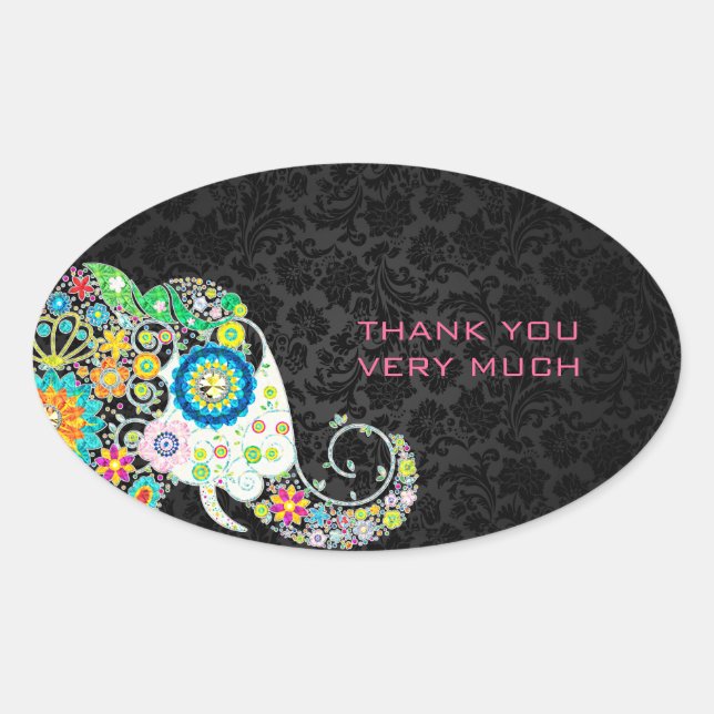 Colourful Retro Floral Elephant & Black Damasks Oval Sticker (Front)