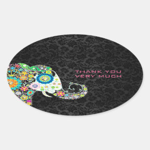 Colourful Retro Floral Elephant & Black Damasks Oval Sticker