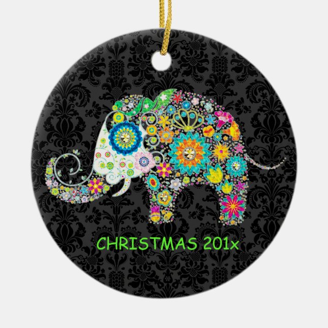 Colourful Retro Floral Elephant Illustration Ceramic Ornament (Front)