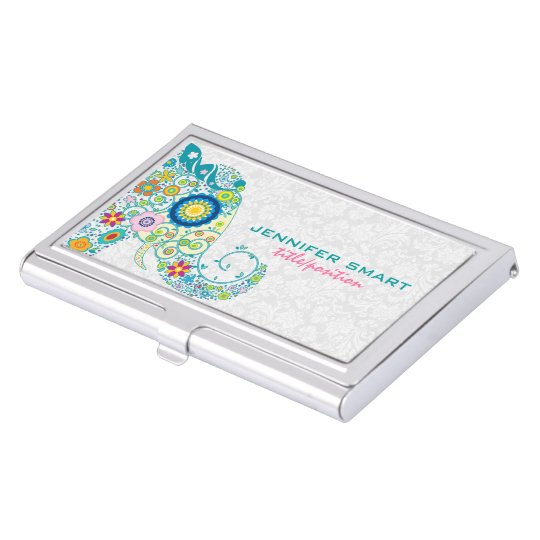 Colourful Retro Floral Elephant & White Damasks Business Card Holder