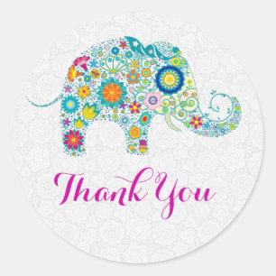 Colourful Retro Floral Elephant & White Damasks Classic Round Sticker