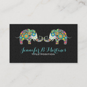 Colourful Retro Floral Elephants & Black Damasks Business Card