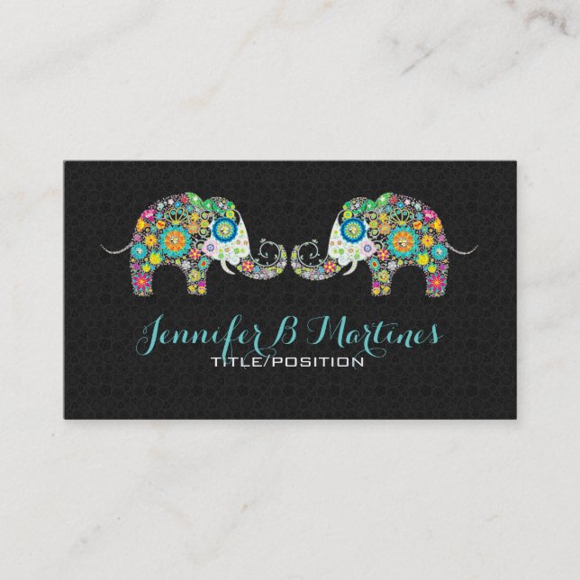 Colourful Retro Floral Elephants & Black Damasks Business Card (Front)