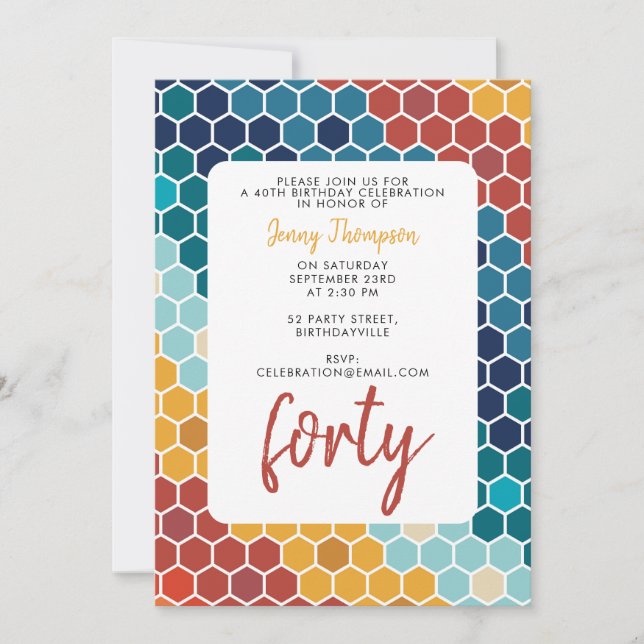 Colourful Retro Floral Mosaic Hexagon Birthday Invitation (Front)