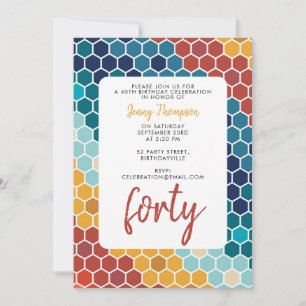 Colourful Retro Floral Mosaic Hexagon Birthday Invitation