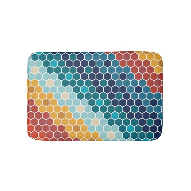 Colourful Retro Floral Mosaic Hexagon Pattern Bath Mat (Front)