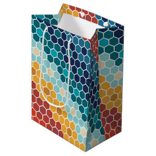 Colourful Retro Floral Mosaic Hexagon Pattern Medium Gift Bag