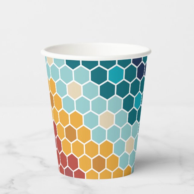 Colourful Retro Floral Mosaic Hexagon Pattern Paper Cups (Front)