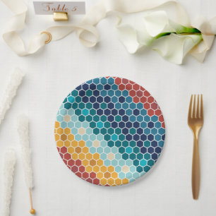 Colourful Retro Floral Mosaic Hexagon Pattern Paper Plate