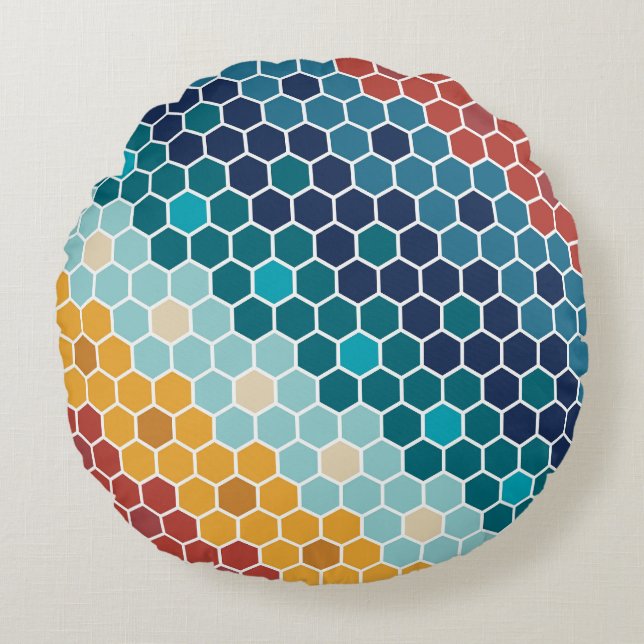 Colourful Retro Floral Mosaic Hexagon Pattern Round Pillow (Front)