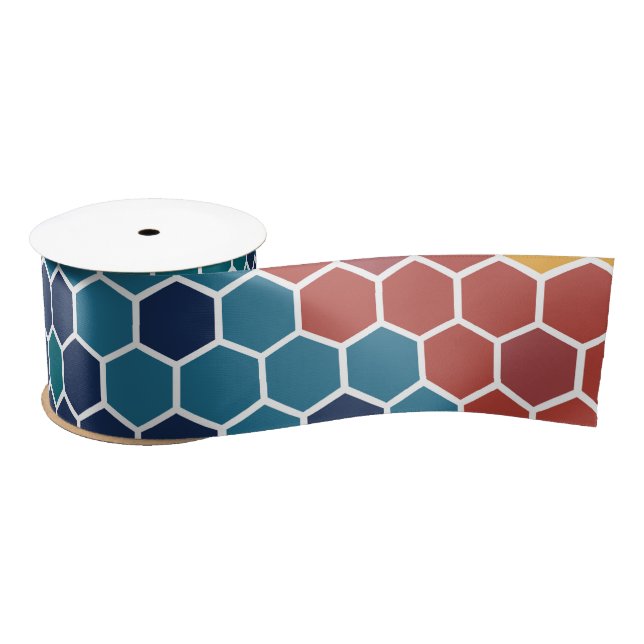 Colourful Retro Floral Mosaic Hexagon Pattern Satin Ribbon (Spool)