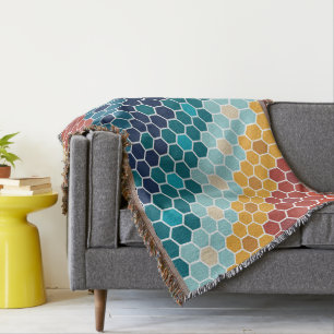 Colourful Retro Floral Mosaic Hexagon Pattern Throw Blanket