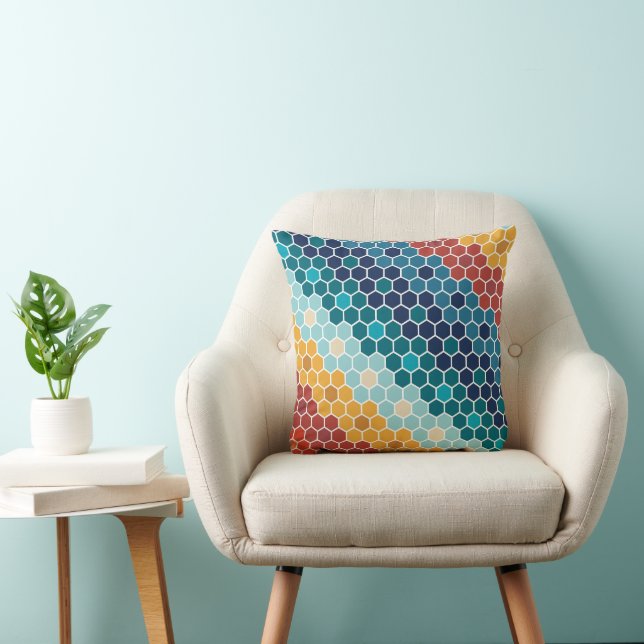 Colourful Retro Floral Mosaic Hexagon Pattern Throw Pillow (Chair)