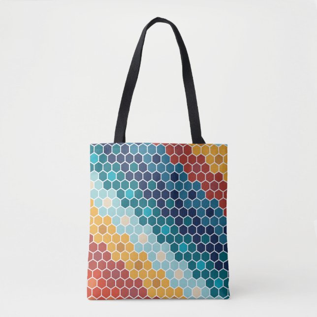 Colourful Retro Floral Mosaic Hexagon Pattern Tote Bag (Front)