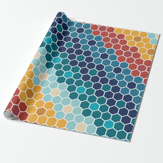 Colourful Retro Floral Mosaic Hexagon Pattern Wrapping Paper (Unrolled)
