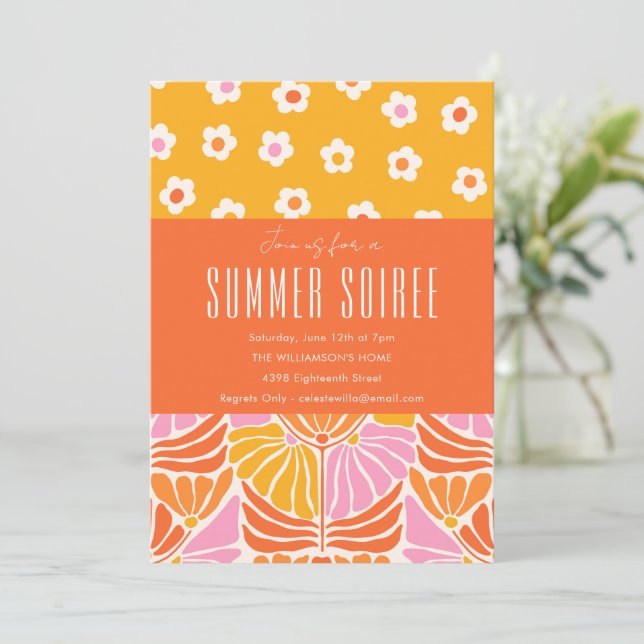 Colourful Retro Floral Orange Summer Soiree Invitation (Standing Front)
