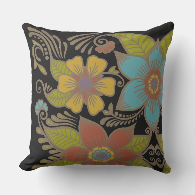 Colourful Retro Floral Outdoor Pillow (Front)