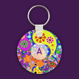 Colourful Retro Floral Paisley Purple Initial Keychain