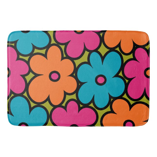 Colourful Retro Floral Pattern Bath Mat (Front)