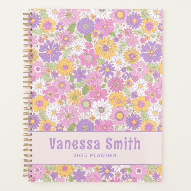 Colourful Retro Floral Pattern Personalized Planne Planner (Front)