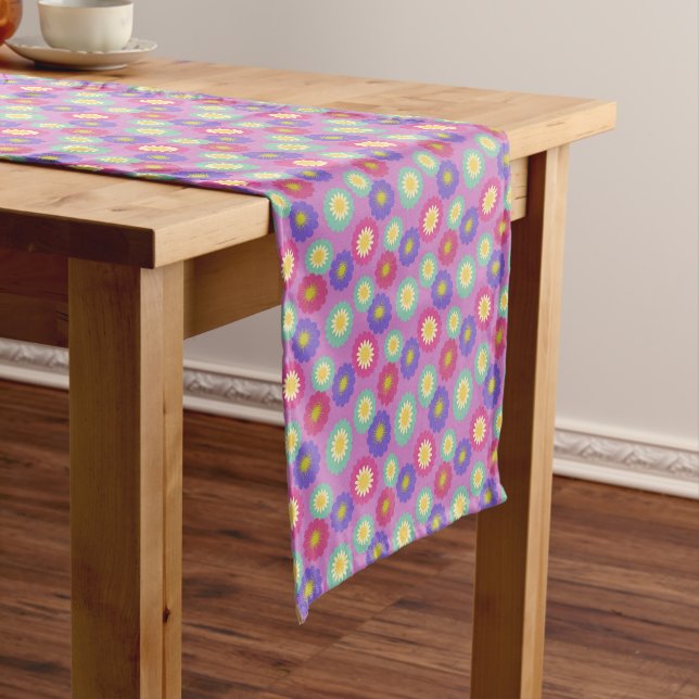 Colourful Retro Floral Pattern Purple Pink Green  Short Table Runner (In Situ)