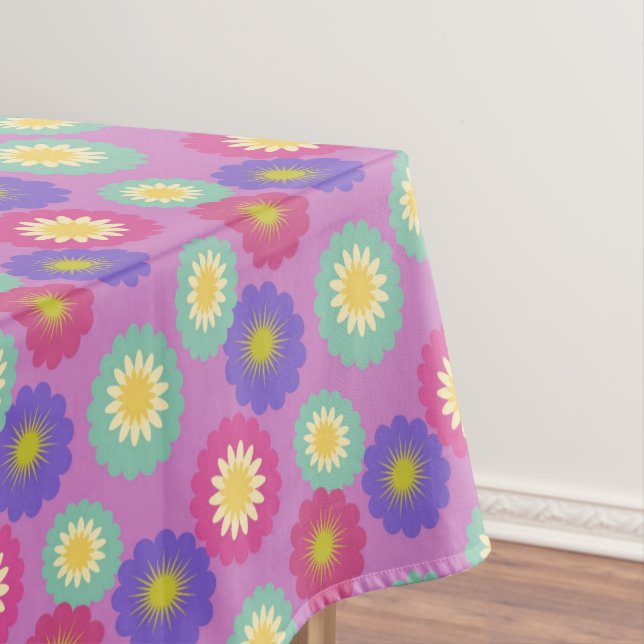Colourful Retro Floral Pattern Purple Pink Green  Tablecloth (In Situ)