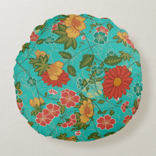 Colourful Retro Floral Pattern Round Pillow