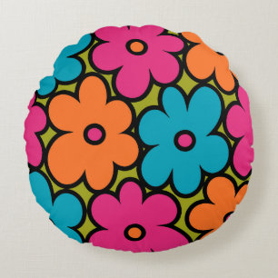 Colourful Retro Floral Pattern Round Pillow