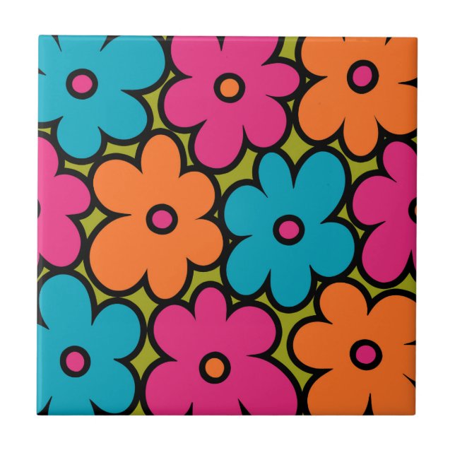 Colourful Retro Floral Pattern Tile (Front)