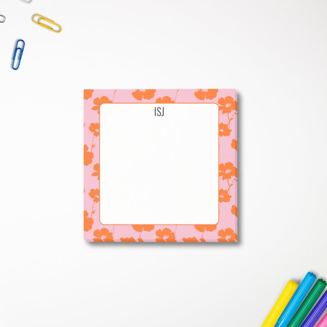 Colourful Retro Floral Pink and Orange Monogram Post-it Notes (Creator Uploaded)