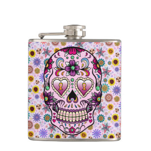 Colourful Retro Floral Skull Pink Tint 2 Hip Flask