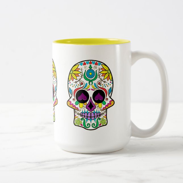 Colourful Retro Floral Skull Purple Hearts Two-Tone Coffee Mug (Right)