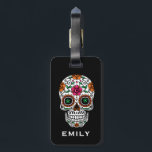 Colourful Retro Floral Sugar Skull 2 Luggage Tag<br><div class="desc">Elegant black damasks background with colourful floral sugar skull</div>