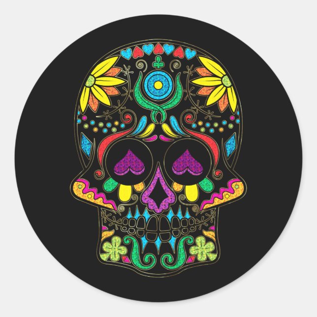 Colourful Retro Floral Sugar Skull 7 Classic Round Sticker (Front)