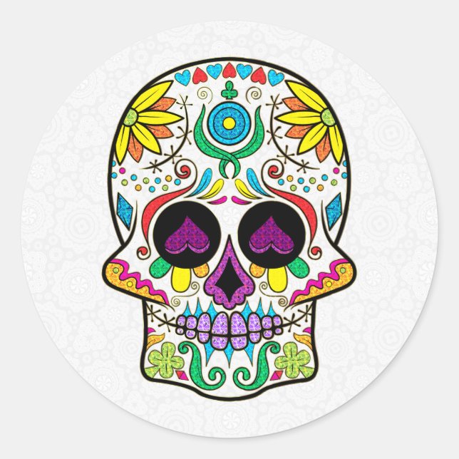 Colourful Retro Floral Sugar Skull Purple Hearts Classic Round Sticker (Front)