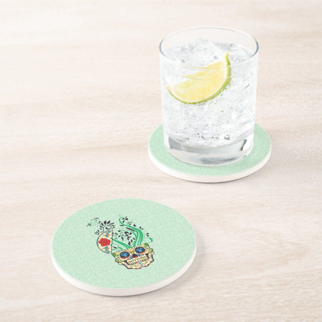 Colourful Retro Floral Sugar Skull Red Roses Coaster (Side)