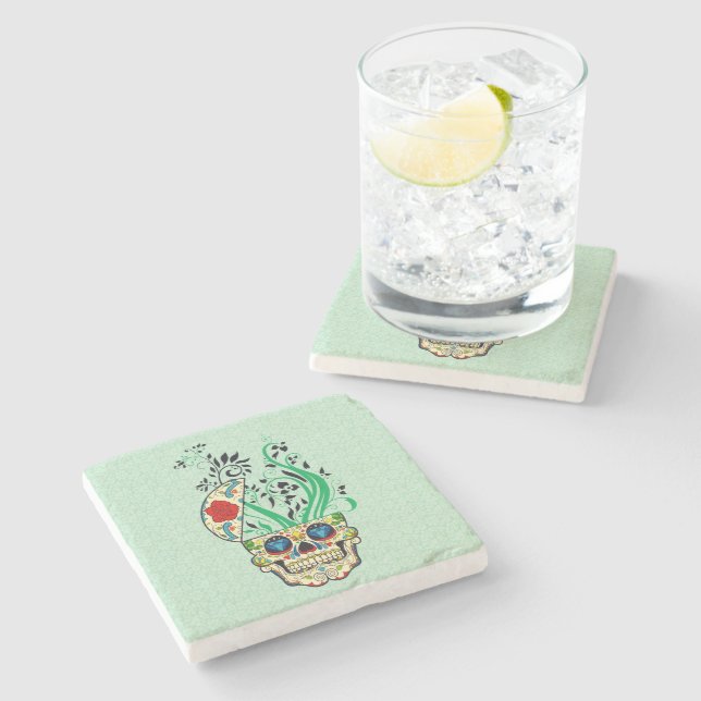 Colourful Retro Floral Sugar Skull Red Roses Stone Coaster (Side)