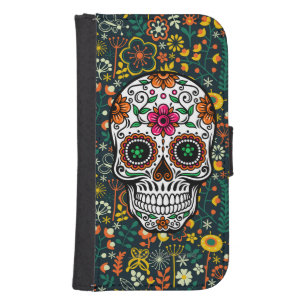 Colourful Retro Floral Sugar Skull Samsung S4 Wallet Case