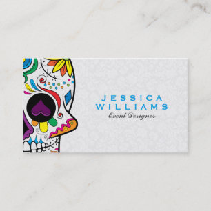 Colourful Retro Floral Sugar Skull & White Damasks Business Card
