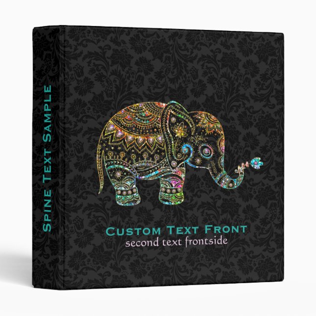 Colourful Retro Flower Elephant 6 Black Damasks Binder (Front/Spine)
