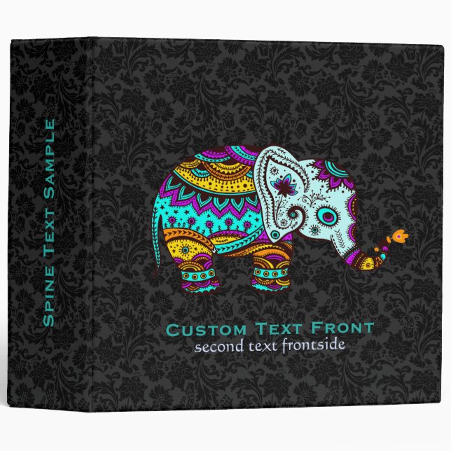 Colourful Retro Flower Elephant Black Background Binder (Front/Spine)