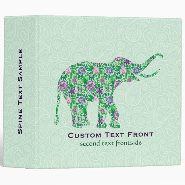 Colourful Retro Flower Elephant Mint-Green Paisley Binder (Front/Spine)