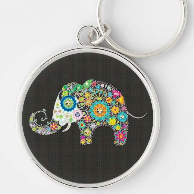 Colourful Retro Flower Elephant With Diamond Studs Keychain (Front)