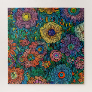 Colourful Retro Flower Garden Jigsaw Puzzle