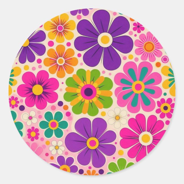 Colourful Retro Flower Pattern floral  Classic Round Sticker (Front)
