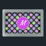 Colourful Retro Flower Pattern Monogram Belt Buckle<br><div class="desc">This pretty, girly design features a bright, colourful floral pattern in shades of pink, purple, blue and green on a black background. It has a flower - shaped space in orchid - purple where you can add your monogram / initial in white to personalize. It's a slightly retro, very chic...</div>