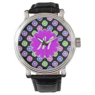 Colourful Retro Flower Pattern Monogram Watch