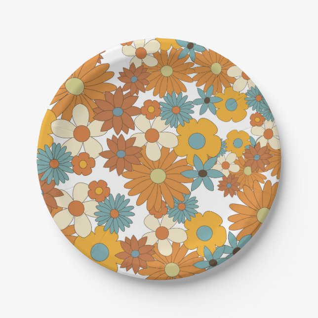 Colourful Retro Flower Pattern  Paper Plate (Front)
