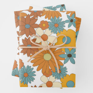 Colourful Retro Flower Pattern Wrapping Paper Sheet